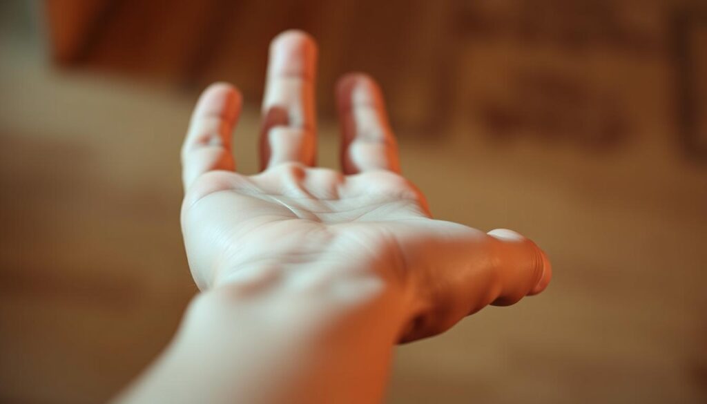 a close-up view of a human hand with the wrist and forearm visible, the palm facing upwards and the wrist positioned towards the camera, the skin tone is warm and natural, the lighting is soft and diffused, casting gentle shadows, the focus is sharp on the wrist area, the background is blurred and out of focus, conveying a sense of intimacy and attention to the subject, the mood is calm and introspective, suitable for an article about wrist tattoo placements