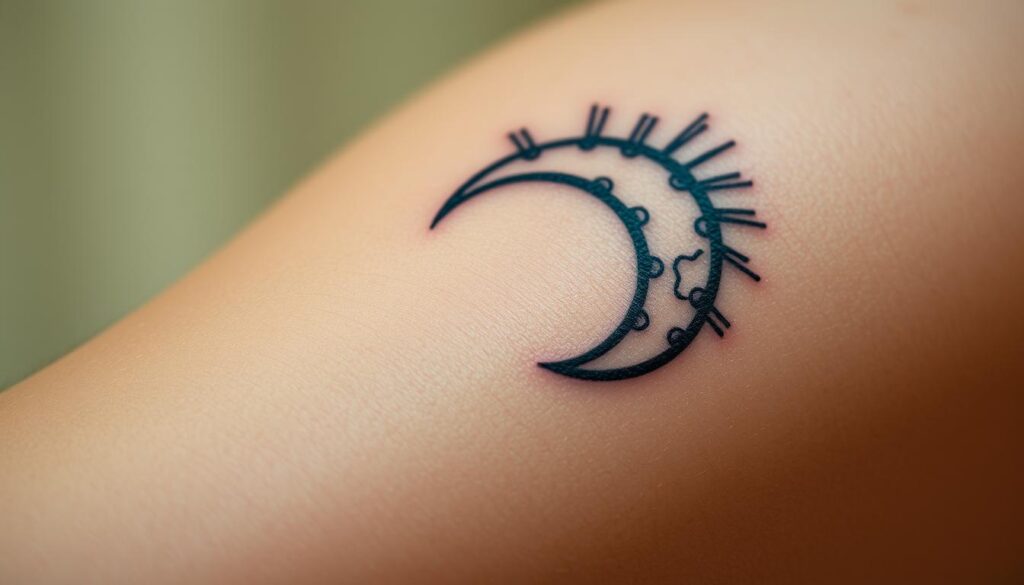 a detailed close-up of a realistic moon-themed tattoo on a person's skin, shot with a high-resolution macro lens in soft, warm lighting to capture the intricate details and textures of the tattoo design. The tattoo features a crescent moon shape with wispy, ethereal rays emanating from it, creating a mystical, celestial atmosphere. The skin has a natural, lifelike appearance, with pores and fine hairs visible, adding to the authenticity of the image. The tattoo is positioned on the forearm or shoulder, allowing the viewer to focus on the meaningful symbolism and artistry of the design.