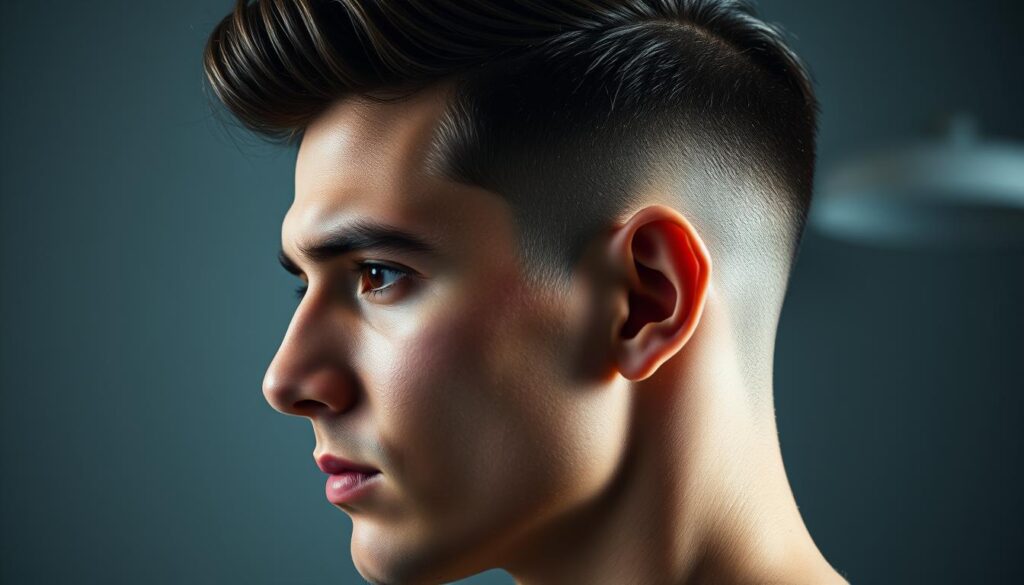 a detailed, high-resolution close-up portrait of a man's head with a stylish "edgar" hairstyle, featuring neatly trimmed short hair on the sides and back with longer, swept-back hair on top, captured in natural studio lighting with a shallow depth of field, creating a sleek, modern and sophisticated look