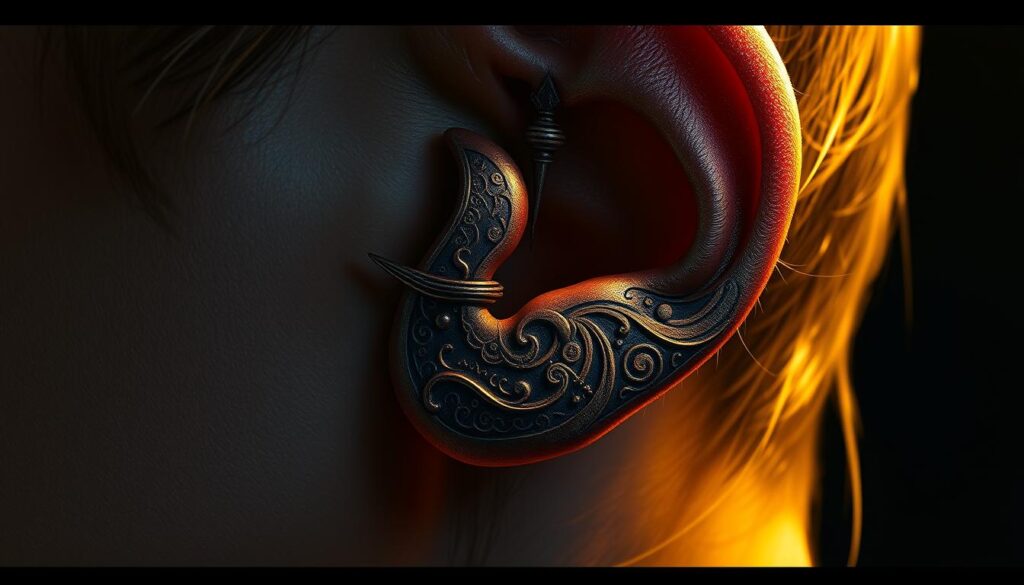 a highly detailed, hyperrealistic digital painting of a mythic ear tattoo, captured from a side profile view. the tattoo features a fantastical, otherworldly design with intricate patterns, runes, and symbols in shimmering metallic inks. the linework is crisp and precise, with a sense of depth and dimension. the lighting is dramatic, casting warm, amber-toned shadows that accentuate the raised, textured surface of the tattoo. the skin tone is realistic, with subtle imperfections and pores visible. the composition focuses tightly on the ear and surrounding area, filling the frame. the overall mood is one of mystery, magic, and reverence, reflecting the mythic nature of the design.