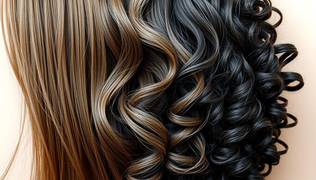 high quality, detailed, photorealistic image of a close-up view of hair texture, showing the individual strands, waves, and volume of different hair types - straight, wavy, curly, and coily - on a plain, neutral background with soft, diffuse natural lighting from the left side, capturing the nuanced structure and sheen of the hair in high resolution