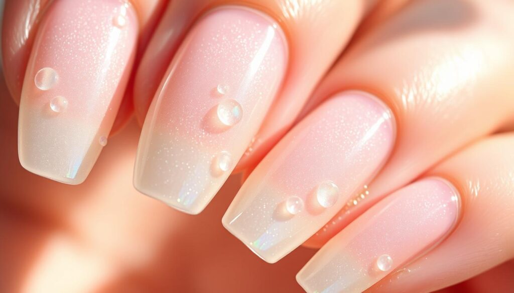 A close-up shot of delicate aura dew drop nail art, glistening under soft, natural lighting. The nails feature a subtle iridescent sheen, with each droplet capturing the essence of summer. The manicure is meticulously executed, with a seamless blend of pastel hues and a high-gloss finish. The composition emphasizes the intricate details, drawing the viewer's eye to the captivating interplay of light and color. The overall mood is one of ethereal beauty, capturing the ephemeral nature of this trendy summer nail design.