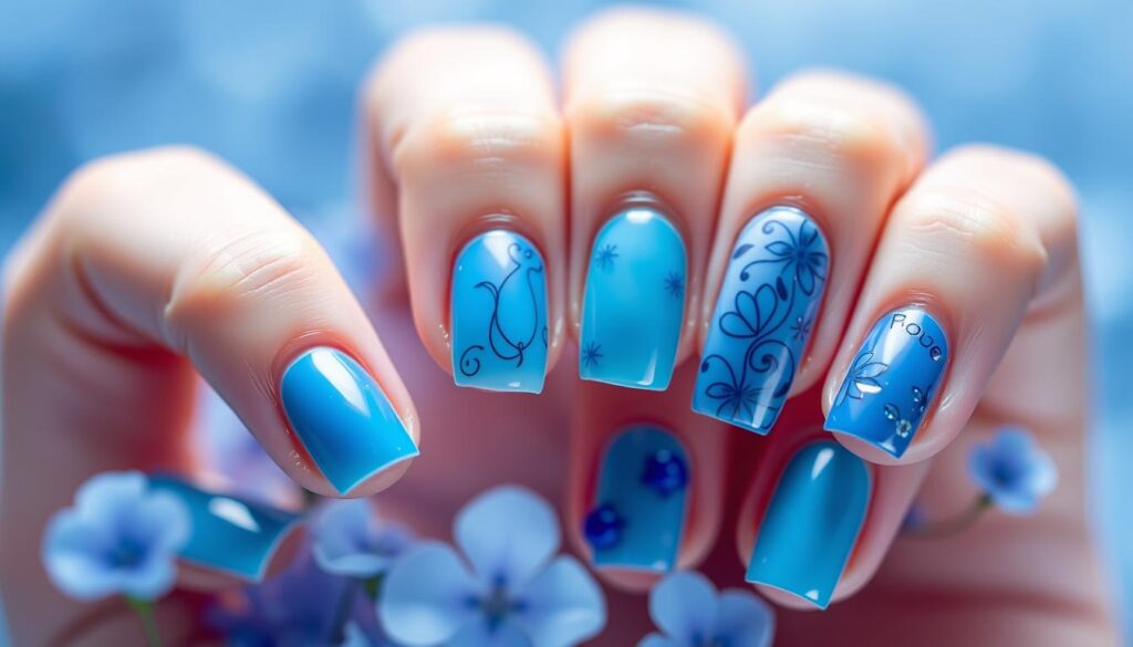 A delicate array of azure hues, from the deep sapphire of a midnight ocean to the tranquil teal of a summer sky. Intricate nail designs dance across the canvas, each one a unique masterpiece of cobalt, cerulean, and baby blue. Soft lighting casts a gentle glow, highlighting the lustrous sheen of the polished nails, while a subtly blurred background evokes a sense of serene sophistication. This is the "Blue Renaissance," a captivating display of the latest trends in summer nail art, where creativity and elegance intertwine to create a truly mesmerizing visual experience.