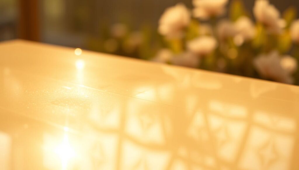 A gleaming, champagne-colored chrome surface, reflecting the warm summer light with a mesmerizing radiance. The foreground features a meticulously polished, seamless metallic finish, capturing the essence of high-shine neutrals. The middle ground showcases subtle, interlacing patterns that add depth and visual interest, while the background blends into a softly diffused, hazy atmosphere. Warm, golden tones permeate the scene, creating a luxurious, sophisticated ambiance. Captured with a wide-angle lens and slightly elevated perspective, the image evokes a sense of glamour and timeless elegance, perfectly suited to illustrate the "High-Shine Neutrals and Champagne Chrome" section of the "Summer Nail Art Ideas" article.