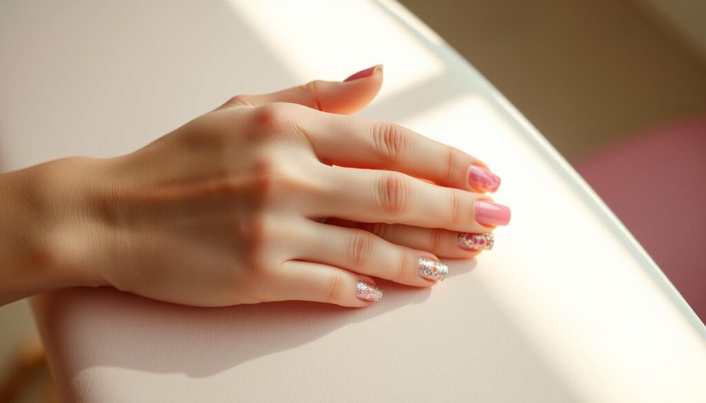 A neatly manicured hand resting on a pastel-colored surface, showcasing an array of vibrant summer nail designs. The nails are adorned with intricate patterns, glittering accents, and a subtle yet eye-catching color palette that captures the essence of the season. The lighting is soft and diffused, casting a warm glow on the scene, creating a serene and inviting atmosphere. The composition is balanced, with the hand positioned in the foreground, allowing the viewer to focus on the delicate details of the nails. The overall mood is one of relaxation, inspiration, and a celebration of the joyful, carefree spirit of summer.