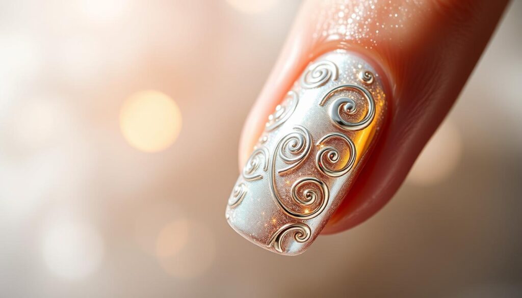 A shimmering chrome fingernail design, capturing the essence of summer elegance. In the foreground, intricate chrome swirls and geometric patterns dance across the nail surface, reflecting dazzling light. The middle ground features a subtly colored chrome base, transitioning from warm gold to cool silver tones. In the background, a softly blurred bokeh effect creates a dreamlike, ethereal atmosphere. Lighting is directional, casting dramatic shadows and highlights to accentuate the chrome's mesmerizing metallic sheen. The overall composition evokes a sense of glamour and modern sophistication, perfectly complementing the "Chrome 2.0 and Colored Chrome" nail art trend.