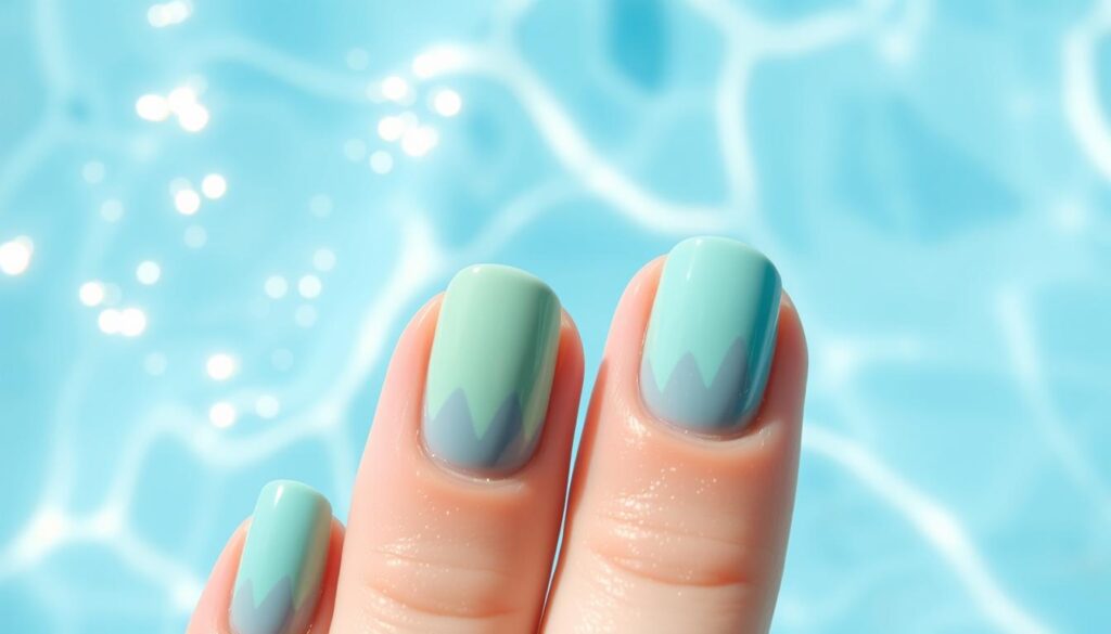 A shimmering, wavy pool surface reflecting the warm summer sky. Glistening droplets of water cling to nail polish, creating a cool, aquatic effect. The nails are painted in pastel hues of blue, green, and turquoise, mimicking the colors of a tranquil pool. Soft, diffused lighting from above casts gentle shadows, emphasizing the curvature of the nails and the fluid, organic nature of the water-inspired design. The camera angle is slightly elevated, capturing the nails from a flattering, three-quarter view. An atmospheric, serene mood pervades the scene, inviting the viewer to imagine the soothing sensation of dipping one's fingers into a refreshing pool on a hot summer day.