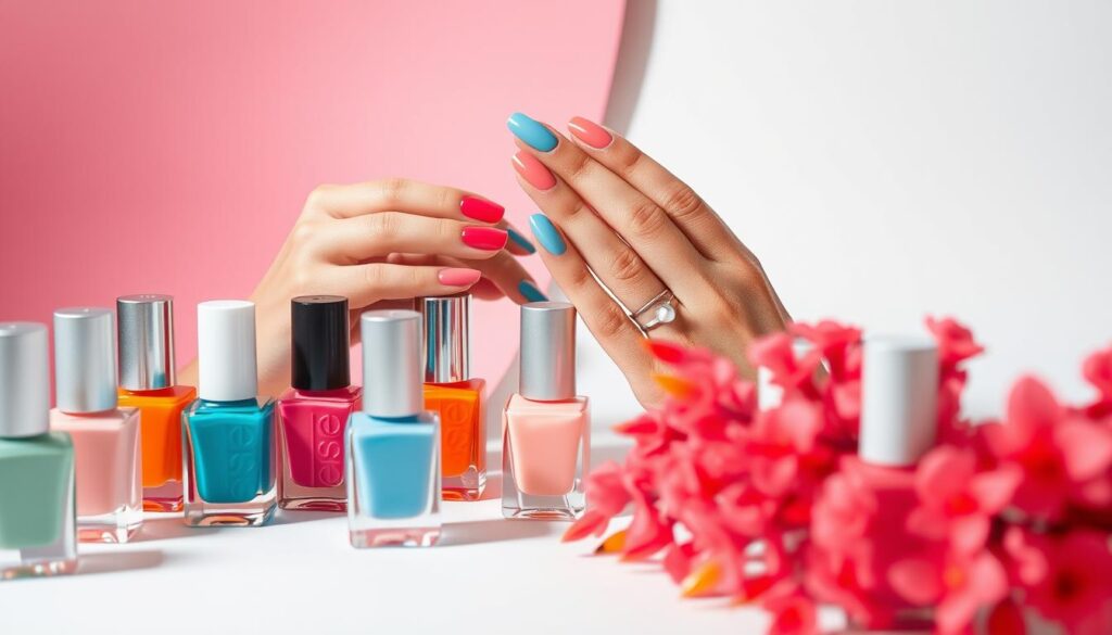A stylized still life arrangement showcasing an assortment of vibrant, summery nail polish colors. The foreground features an array of bottles in a range of hues from pastel pinks and corals to bold oranges and electric blues, captured in soft, diffused lighting. The mid-ground includes a few manicured hands with freshly painted nails, displaying the varied finishes - glossy, matte, and metallic. The background is minimalist, perhaps a soft, gradient color or a simple white backdrop, allowing the nail polish colors to take center stage. The overall mood is chic, sophisticated, and evocative of the warm, carefree spirit of summer.
