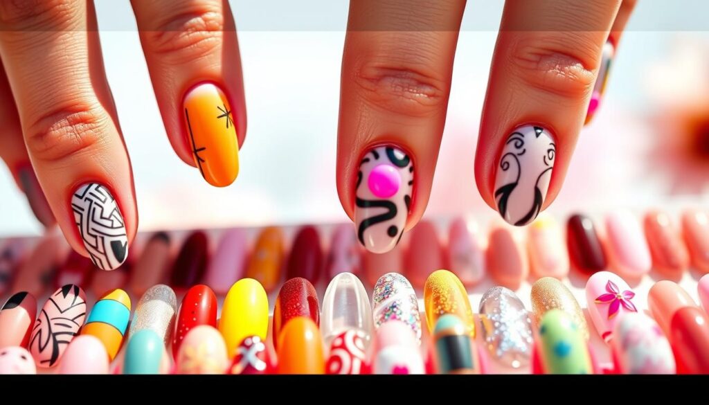 A vibrant array of fashionable summer nail designs, showcased against a crisp, sunlit backdrop. In the foreground, an assortment of glossy, meticulously manicured nails adorned with intricate patterns, bold colors, and playful 3D accents. The middle ground features a selection of the latest nail trends, from gradient ombres and abstract geometric shapes to shimmering holographic finishes and minimalist negative space designs. In the background, a softly blurred, pastel-hued scene evokes the carefree essence of the season. Warm, natural lighting illuminates the nails, casting delicate shadows and highlighting the textural details. An atmosphere of fresh, summery elegance permeates the entire composition.