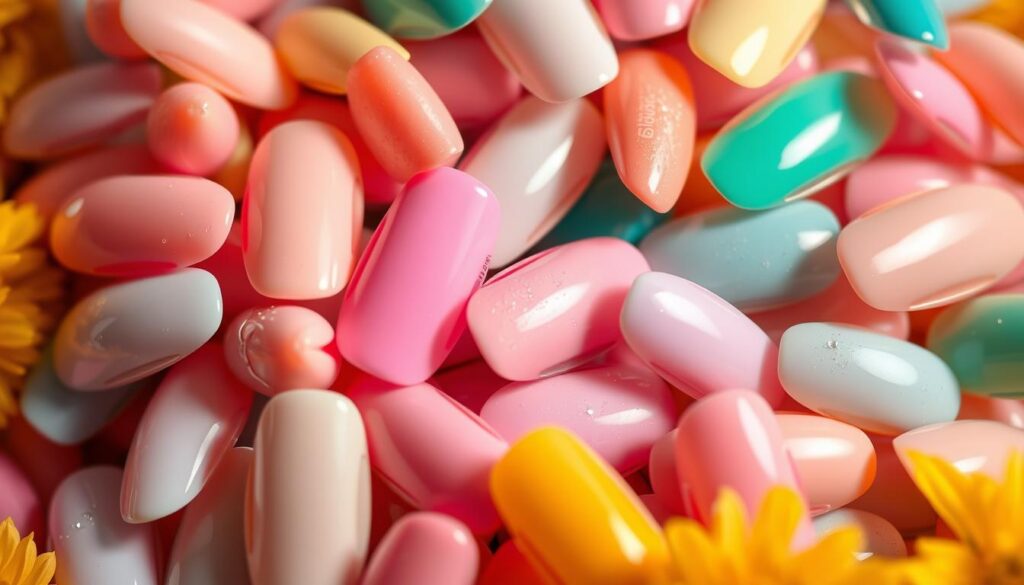 A vibrant array of short, well-manicured nails in a variety of summer-inspired hues. The nails are shot in a close-up, high-resolution perspective, showcasing the intricate details and textures. The lighting is soft and diffused, creating a warm, inviting atmosphere. The nails are arranged in a visually appealing, organic composition, with a mix of solid colors, delicate patterns, and subtle shimmer accents. The overall mood is fresh, contemporary, and evocative of the carefree spirit of summer.