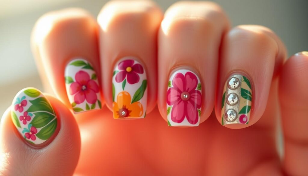 A vibrant collection of meticulously designed summer-ready nails, captured in a high-resolution close-up. The nails feature an array of colorful and intricate designs, including tropical floral motifs, playful geometric patterns, and shimmering metallic accents. The lighting is soft and diffused, creating a warm, sun-kissed ambiance that evokes the carefree spirit of summer. The nails are presented against a subtly blurred background, allowing the detailed nail art to take center stage and inspire the viewer to embrace the season's most captivating beauty trends.