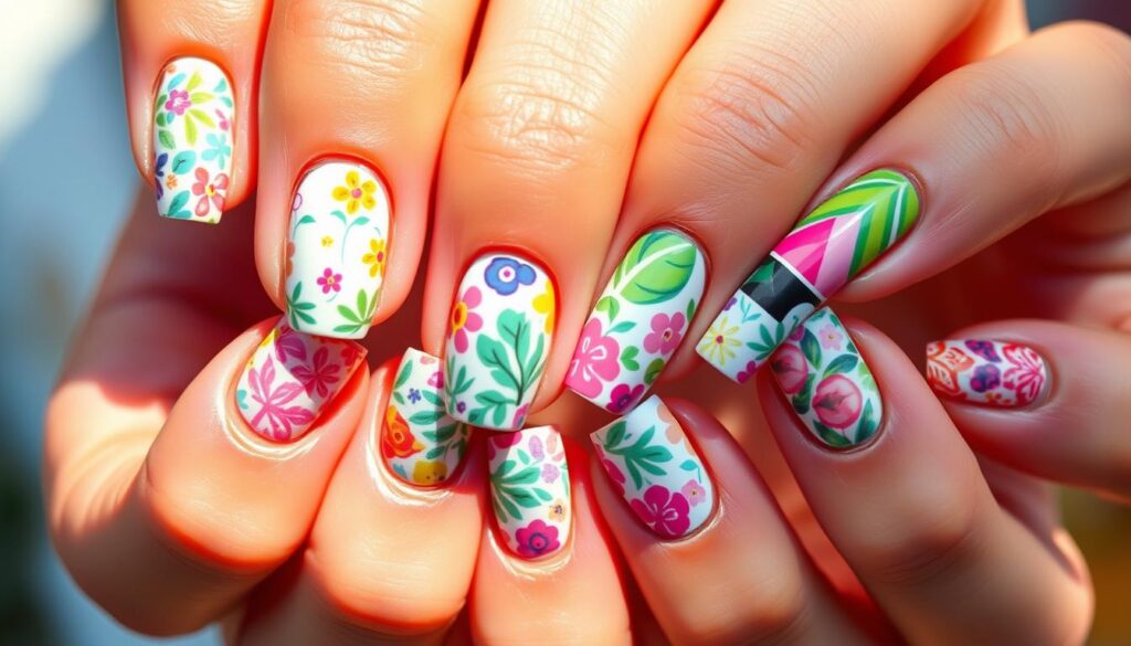 A vibrant collection of summer nail art designs, showcasing an array of colorful and playful patterns. Delicate floral motifs, abstract geometric shapes, and bold tropical hues dance across the nails, capturing the carefree spirit of the season. The nails are meticulously manicured, with a glossy, well-groomed finish that reflects the light, creating a sense of depth and dimension. Soft, diffused lighting casts a warm, sun-kissed glow, accentuating the intricate details and the natural beauty of the nails. The composition frames the hands in a flattering angle, allowing the viewer to fully appreciate the intricate designs and the overall harmony of the summer nail art display.