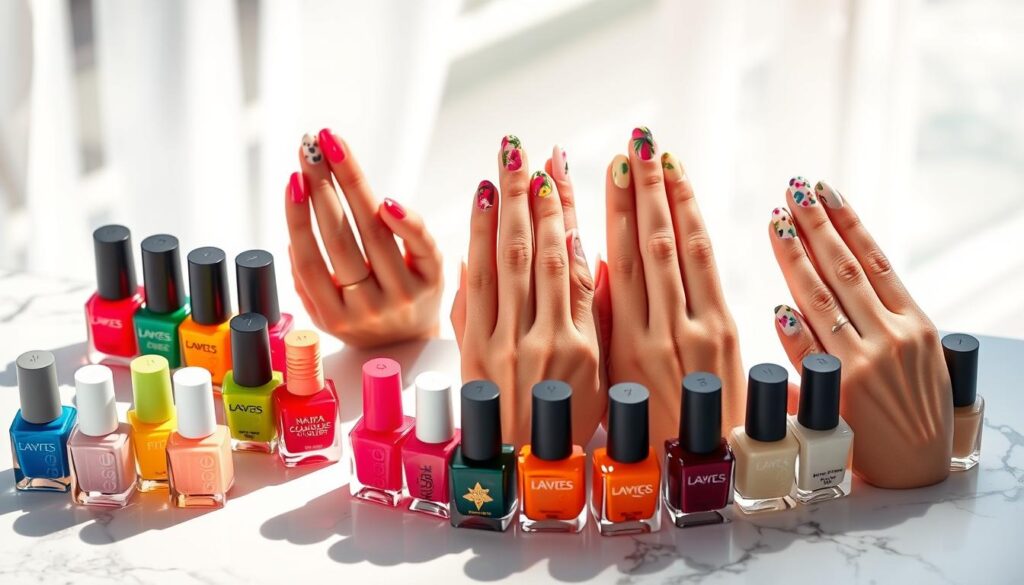 A vibrant collection of summer nail designs, showcasing a variety of bright and whimsical patterns on well-manicured hands. In the foreground, an array of colorful nail polish bottles sit atop a white marble surface, casting soft shadows. The middle ground features several hands elegantly posed, each nail adorned with intricate designs - tropical florals, geometric shapes, and playful polka dots in a palette of warm, sun-kissed hues. The background is a blurred, dreamlike setting, evoking the carefree spirit of summer. Soft, diffused lighting illuminates the scene, creating a luminous, inviting atmosphere. The overall composition exudes a sense of joy, creativity, and the perfect summertime mani.