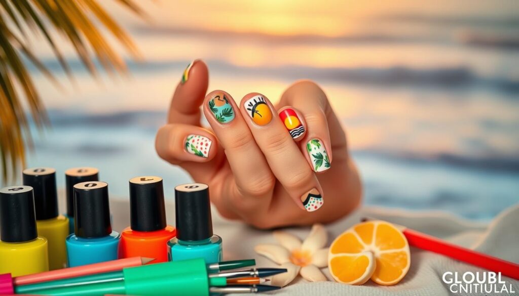 A vibrant summer nail art design with a tropical beach theme. In the foreground, colorful nail polish bottles and nail art tools are arranged neatly. In the middle ground, a hand with freshly painted nails displays intricate patterns and designs inspired by seashells, palm leaves, and bright sunsets. The background features a blurred beach scene with soft, golden lighting illuminating the ocean waves and sandy shore. The overall composition conveys a relaxed, carefree mood perfect for the summer season.