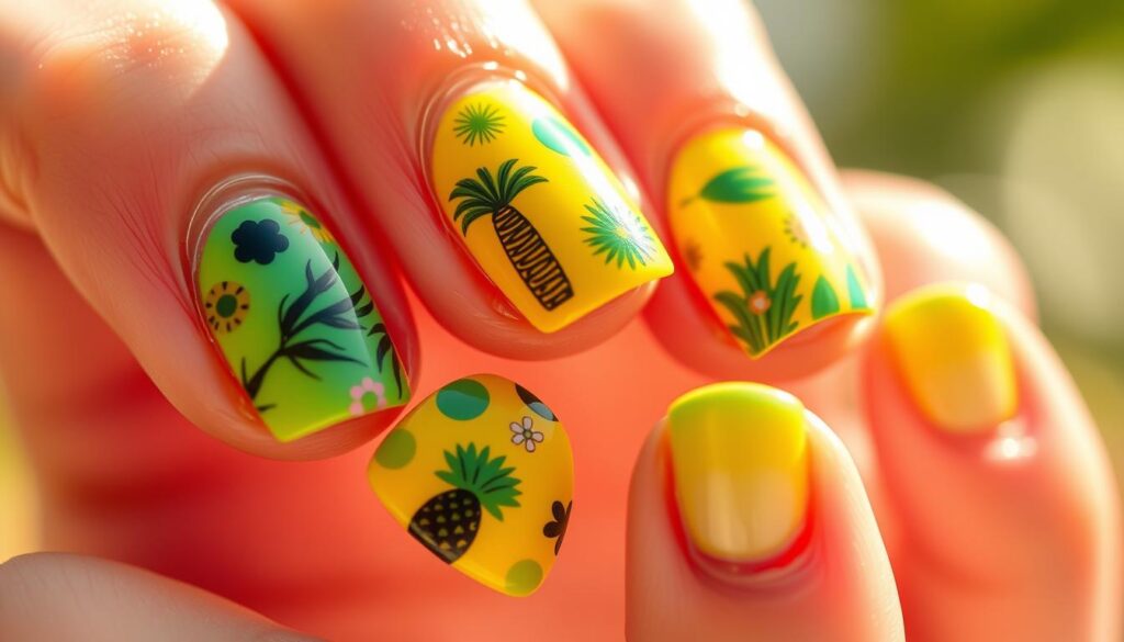A vibrant, sun-drenched close-up of a set of well-manicured nails adorned with a playful summer-themed design. The nails are painted in a spectrum of vivid, tropical hues - bright turquoise, sunny yellow, and lush green. Intricate patterns of palm leaves, pineapples, and abstract beach motifs dance across the polished nail beds, capturing the carefree spirit of the season. Soft, diffused lighting casts a warm, golden glow, accentuating the detailed textures and shimmering nail polish finish. The composition is framed to emphasize the tactile, three-dimensional quality of the nails, inviting the viewer to imagine running their fingers across the vibrant, summery design.