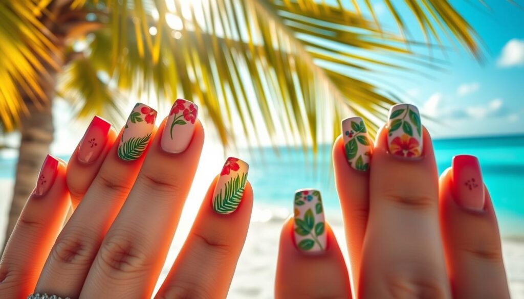 A vibrant tropical beach scene, with a close-up of freshly manicured nails in a array of lush, summery hues. The nails feature intricate designs inspired by palm leaves, seashells, and exotic flowers, captured under warm, golden sunlight filtering through swaying palm fronds. The background is a dreamlike vista of turquoise waters, white sand, and a clear azure sky, evoking the carefree spirit of a tropical vacation. Crisp, high-resolution details showcase the textural depth and glossy shine of the nail polish, creating a visually captivating and immersive scene.