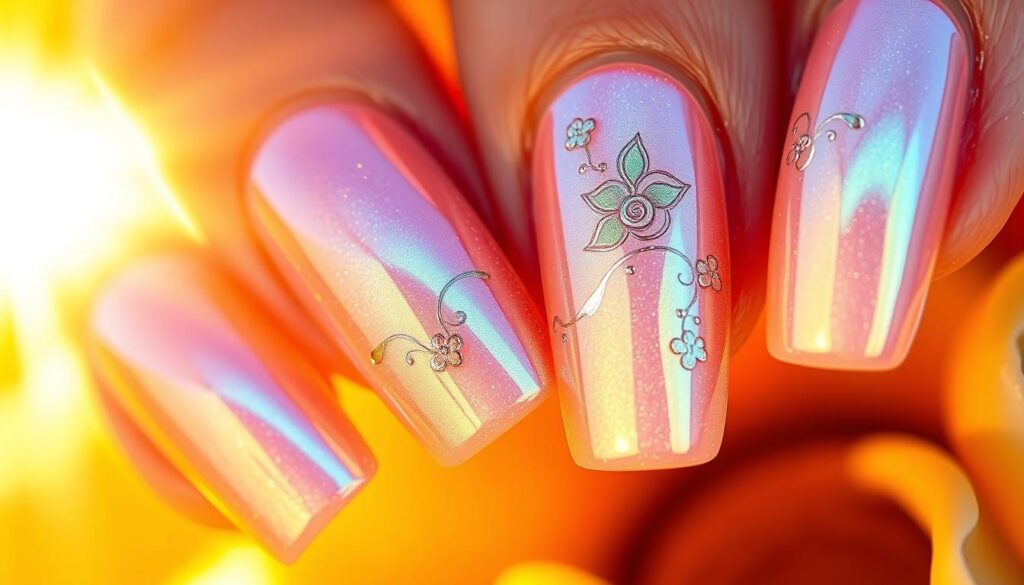 An exquisitely detailed close-up shot of sun-kissed, iridescent nails against a warm, golden backdrop. The nails gleam with a high-gloss, gel-like finish, reflecting the dazzling sunlight. Intricate, shimmering nail art designs adorn each nail, featuring delicate floral motifs, shimmering metallic accents, and a touch of holographic sparkle. The nails are perfectly manicured, with a subtle curve to the shape. The lighting is soft and diffused, creating a sense of ethereal, summery radiance. The overall composition emphasizes the textural and chromatic richness of the nails, evoking the carefree, sun-soaked spirit of the season.