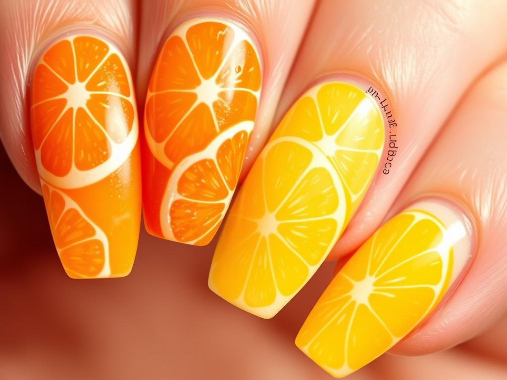 Citrus segment nail design with orange and lemon patterns for summer