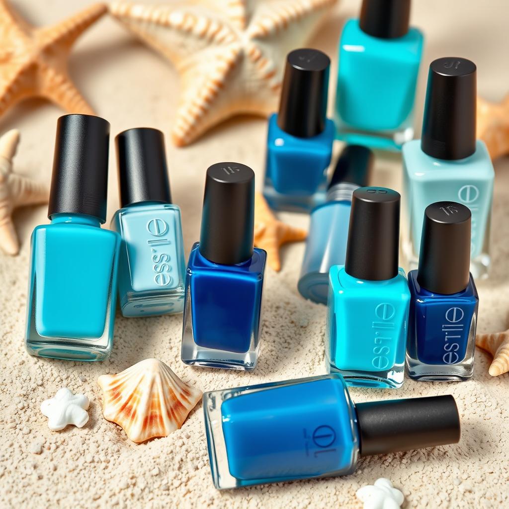 Collection of blue nail polishes for summer nail designs