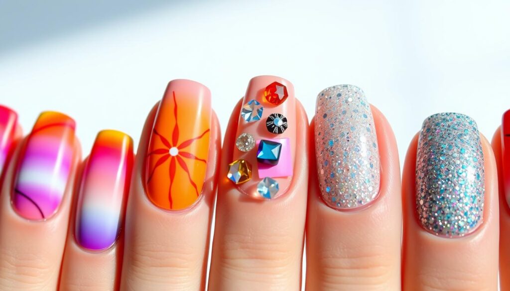 Detailed close-up shot of trending summer 2025 nail art designs, captured in natural studio lighting with a macro lens. Vibrant, colorful nails showcasing various techniques such as ombre gradients, abstract geometric patterns, 3D embellishments, and holographic glitters. The nails are displayed against a clean, minimalist background that allows the nail designs to be the primary focus. The overall mood is fresh, modern, and visually striking, reflecting the latest nail art trends for the upcoming summer season.