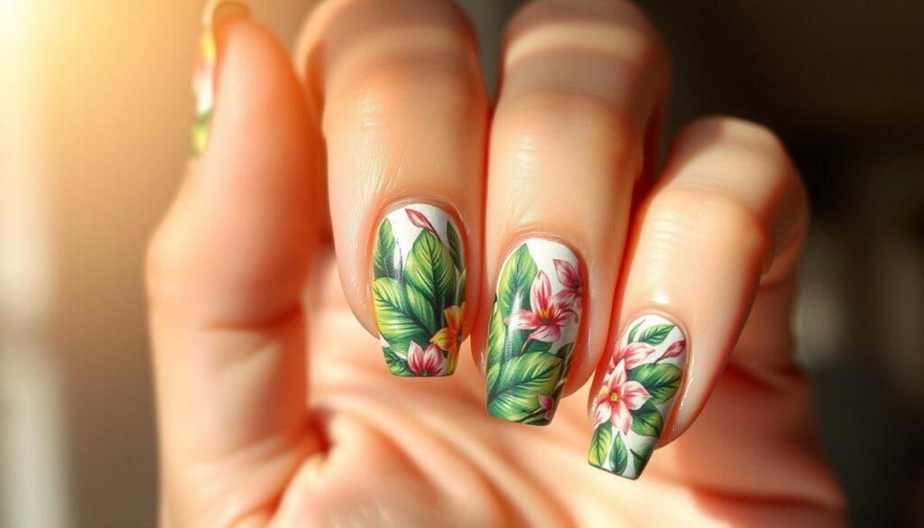 Detailed, meticulously painted summer nail art design, featuring a vibrant tropical floral pattern with lush, verdant leaves and delicate, multicolored petals. The nails are presented against a soft, blurred backdrop, illuminated by warm, diffused natural lighting, creating a serene, sun-dappled ambiance. The overall composition emphasizes the intricate, hand-painted aesthetic, capturing the artistry and creativity of this seasonal nail design trend.