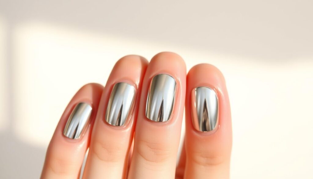 Highly detailed, close-up photograph of five neatly manicured fingernails with a gleaming, mirror-like chrome finish in a soft, muted summer color palette. The nails are positioned in a slightly arched, elegant pose against a simple, minimalist background that allows the reflective chrome to be the focal point. Soft, natural lighting creates a warm, luminous glow and enhances the lustrous, metallic sheen of the chrome nail polish. The overall mood is one of refined sophistication and modern, high-fashion style.