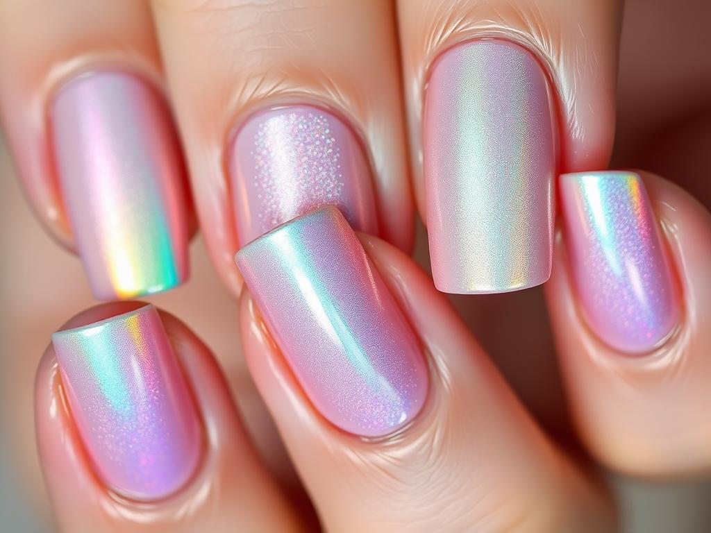 Holographic accent nail design for summer with rainbow effect