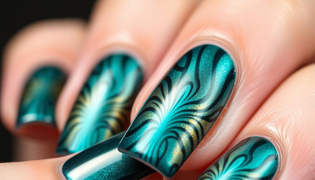 Magnetic cat-eye nails, a captivating summer trend. A close-up view reveals a shimmering, multidimensional surface with a hypnotic, feline-inspired effect. The nail bed is coated in a lustrous, deep teal polish, while a strong magnetic field creates mesmerizing, undulating patterns that radiate outward. Overhead lighting casts a soft, flattering glow, accentuating the dynamic, three-dimensional nature of the design. The nails are well-manicured, with a subtle, squared-off shape that complements the striking visual impact. An enchanting, sophisticated look that embodies the allure of the season.