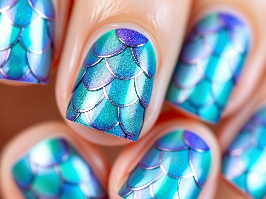Mermaid scale nail design with iridescent effect for summer