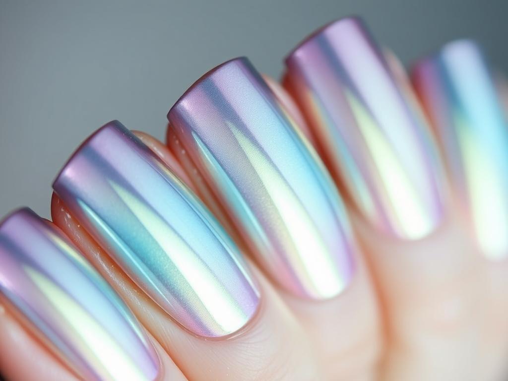 Metallic chrome nail design in summer pastel colors