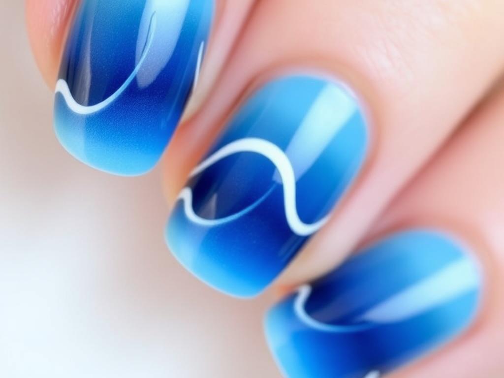 Ocean wave ombré nail design for summer featuring blue gradient