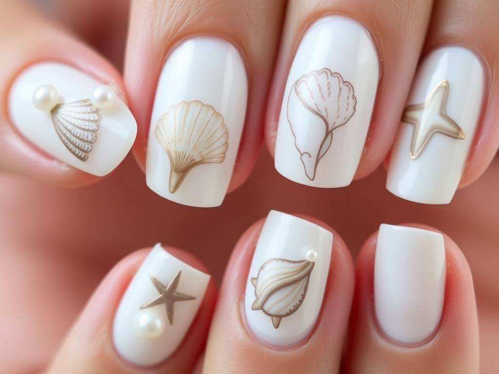 Seashell accent nail design for summer with pearlescent finish