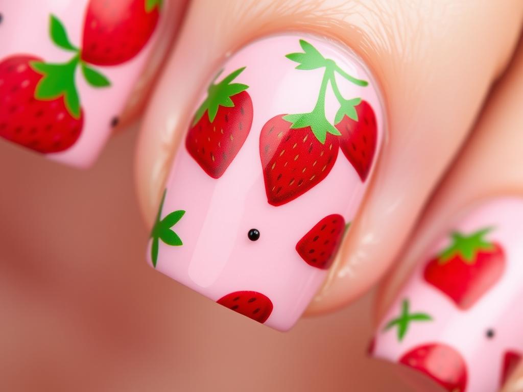 Strawberry pattern nail design for summer with red and green details