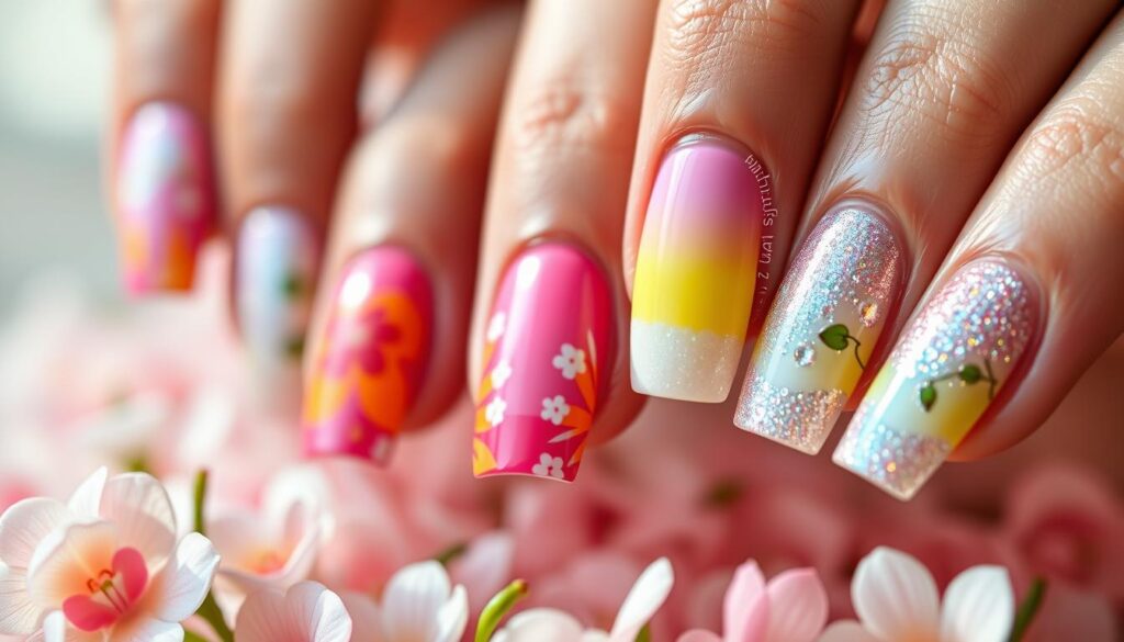 Summertime nail art trends: a vibrant display of color and texture. In the foreground, delicate floral patterns in pastel hues dance across meticulously manicured nails. The middle ground showcases bold, neon-dipped tips that radiate warmth, while the background features shimmering, holographic finishes that capture the sun's rays. Lighting is natural and diffused, creating a soft, glowing effect. The composition is angled to highlight the intricate details and dimensional textures of these hot-weather nail looks. An atmosphere of playful, carefree elegance pervades the scene, embodying the spirit of summer in the United States.