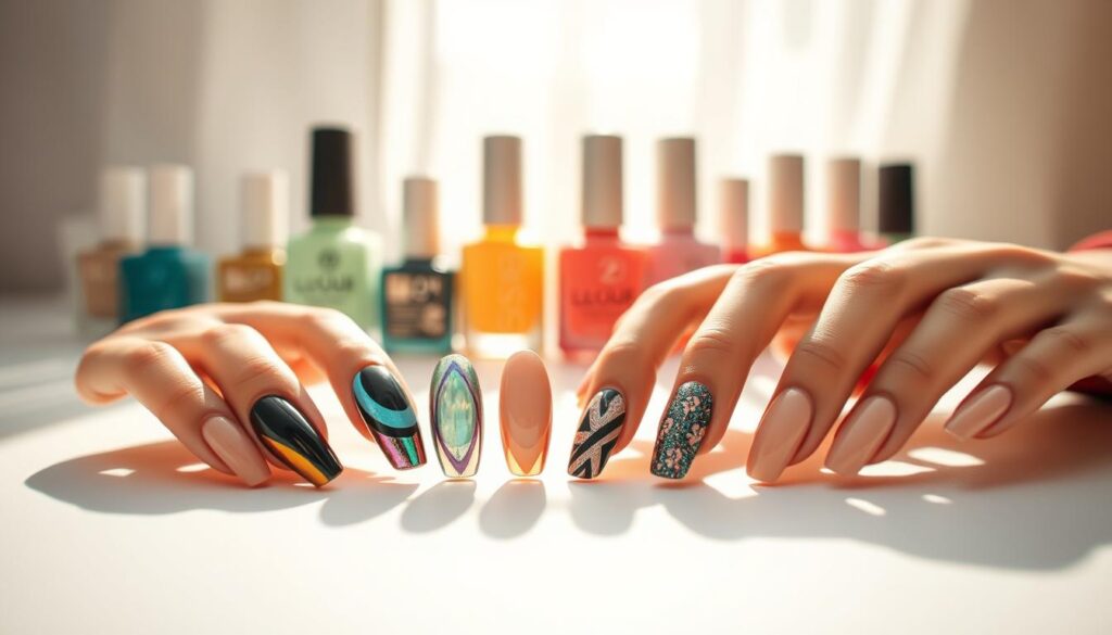 Summertime nail designs in warm, bright lighting. Foreground features a vibrant selection of trendy nail art including metallic chrome, iridescent cat-eye, and moody neutral tones. Arranged artfully on a clean, minimalist surface. Middle ground showcases a variety of nail polish bottles in complementary shades. Background has a soft, diffused focus creating a serene, ethereal atmosphere. Angles capture the curves and textures of the nails and products for a visually striking and on-trend composition.