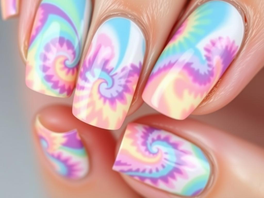 Tie-dye swirl nail design in pastel colors for summer