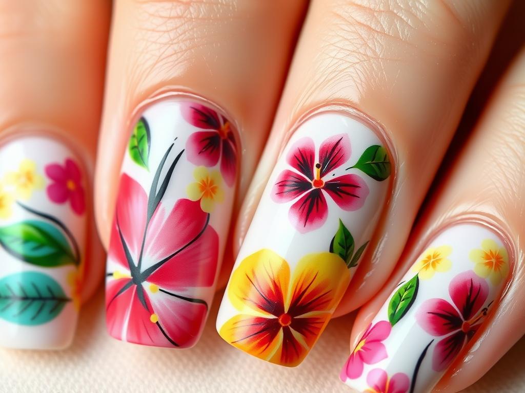 Tropical flower nail design for summer with hibiscus pattern