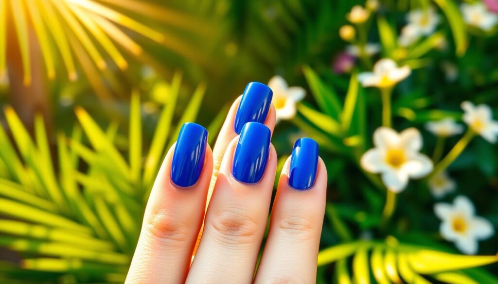 Vibrant cobalt blue nails against a lush, tropical backdrop. A close-up shot, highlighting the rich, glossy hue and sleek, modern shape. Warm, golden sunlight casts gentle highlights, creating depth and dimension. The nails are perfectly manicured, with a high-shine finish that catches the light. In the background, lush greenery and blooming flowers add a sense of verdant, summery vibrancy. The overall mood is one of sophisticated elegance and radiant, carefree joy - the perfect inspiration for a vivid, eye-catching summer manicure.