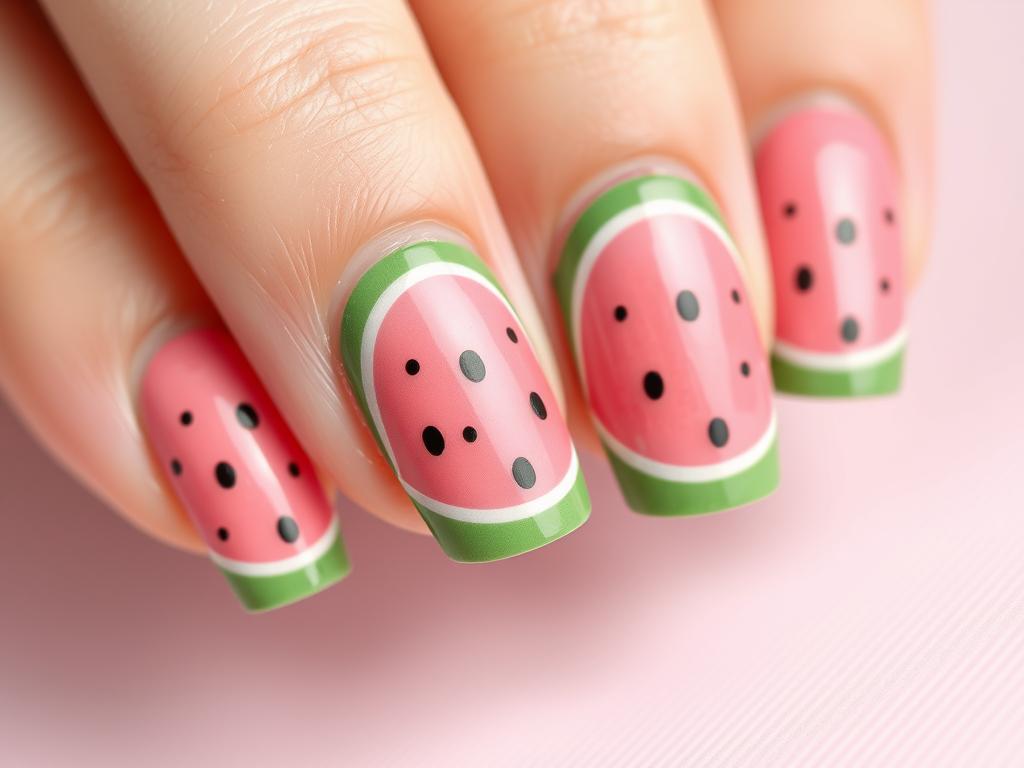 Watermelon slice nail design for summer with green tips