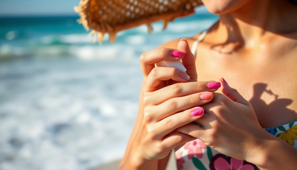 Woman applying top coat to protect summer nail design at the beach
