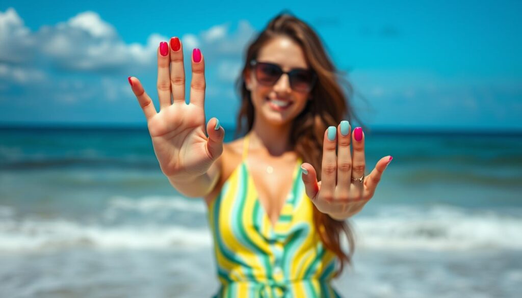 Woman showing off her colorful summer nail design at the beach